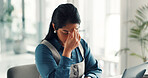 Frustrated, woman or headache with stress, laptop or eye strain for mistake or deadline in office. Tired, female person or employee with migraine, pressure or overworked for fatigue in workplace