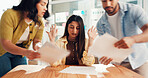 Frustrated woman, documents and overwhelmed with stress, paperwork or multitasking in office. Female person, anxiety or demanding employees with workload, tasks or project for deadline in workplace