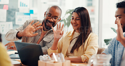 Buy stock photo Video call, office and business people on laptop wave for conversation, networking and virtual meeting. Startup, creative agency and men with woman on computer for discussion, planning and webinar