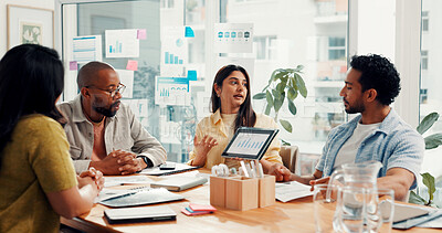 Buy stock photo Tablet, meeting and business people with chart, kpi research and data analysis in office. Teamwork, startup agency and workers on digital tech with graph, statistics and seo report for website growth