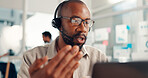 Telemarketing, laptop and man with headset, call center and discussion with contact, offer or online. Customer service, glasses and person with mic for communication, lead generation and reflection