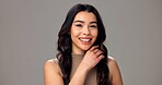 Beauty, happy and portrait of woman in studio for cosmetics, wellness and skincare. Dermatology, mockup space and face of person with smile for natural texture, glow and shine on gray background