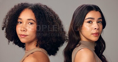 Buy stock photo Portrait, skincare and women in studio, beauty and aesthetic with glow on gray background. Dermatology, cosmetics or people with shine, confidence and grooming with support, wellness and healthy skin