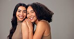 Portrait, women and laugh in studio, haircare and nourishment of texture, growth or white background. Friends, embrace and people with smile for hairstyle, mockup space or self care with cosmetics