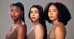 Women, portrait and diversity with beauty, hair or fashion on a white studio background. Female people, model or multiracial skin with hairstyle for cosmetics or skincare treatment in salon or spa