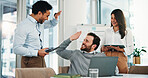 Happy, business people and high five with team, laptop or good news for promotion or done project. Excited, group or employees with smile, computer or technology for corporate success or winning