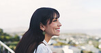 Thinking, balcony and businesswoman at office with ideas for career development or growth in city. Happy, brainstorming and female person on rooftop in urban town for planning creative project.