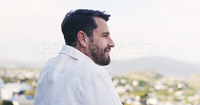 Buy stock photo Reflection, relax or businessman on balcony with view, thinking or fresh air in scenic environment. Calm, mindfulness or mature person on deck with thoughts, nostalgia or idea with outdoor landscape.