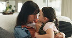 Relax, love and mother with daughter on sofa of family home for bonding, support and hug. Connection, happiness and affection with woman and child in living room of apartment for trust and care