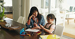 Homework, counting and mother with child in home for maths lesson, learning and help with activity. Family, numeracy and mom with girl, books and education for studying and numbers on hands in house