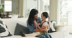 Relax, support and mother with daughter on sofa of family home for bonding, hug and love. Connection, happiness and affection with woman and child in living room of apartment for trust and care