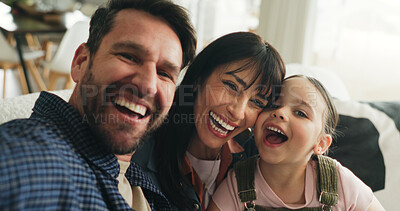 Buy stock photo Laughing, portrait and selfie with family on sofa in living room of home for bonding or memories. Funny, photograph or profile picture with mother, father and daughter in apartment for social media