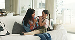 Relax, playful and mother with daughter on sofa of family home for bonding, support and love. Connection, happiness and affection with woman and child in living room of apartment for trust and care