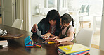 Homework, help and mom with child in home for maths lesson, learning and assessment or activity. Family, support and mother with girl, books and education for studying and development in house