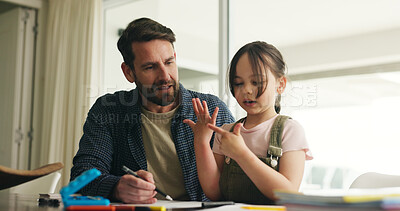 Buy stock photo Homework, counting and dad with girl in home for maths lesson, learning and help with activity. Family, numeracy and father with child, books and education for studying and numbers on hands in house
