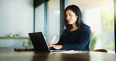 Buy stock photo Laptop, smile and research with business woman in office for real estate broker, property listing and planning. Escrow account closer, realtor proposal and project with person in agency for report