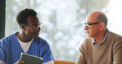 Buy stock photo Tablet, consultation and nurse with mature man on sofa in home for diagnosis, discussion or treatment plan. Digital technology, checkup and medical caregiver with male patient in house for research.