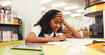 Confused, child or difficult homework in library with stress, education burnout or information overload. Frustrated, student and girl with learning disability, school assignment and academic project.