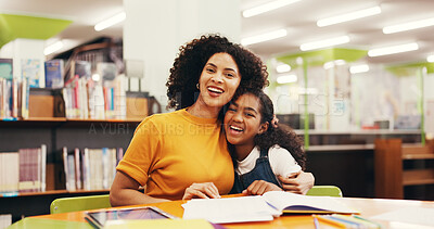 Buy stock photo Portrait, mother or daughter in library with hug for reading support, bonding together or storytelling. People, parent or child in bookshop with embrace for literature, knowledge or skill development