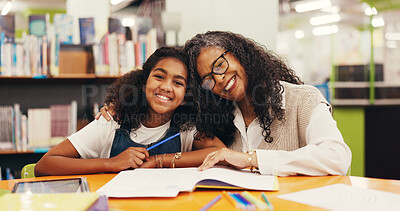 Buy stock photo Tutor, portrait or girl in library with hug, teaching or comfort for learning struggle. Education, happiness and mature mentor at table with embrace, support and guidance for academic development.