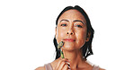 Face roller, skincare and woman in studio, beauty and dermatology on white background. Mockup space, cosmetic product and mature person with treatment, routine and wellness with portrait and tools