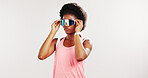 Sunglasses, fitness and athlete or black woman in studio for uv protection, workout gear and health. Training, anti glare lens and wraparound glasses with person on white background for eyewear