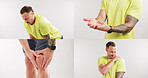 Man, fitness and injury in studio, montage and knee pain with stress for arthritis on white background. Person, athlete or runner with muscle fatigue, burnout and frustrated with joint inflammation