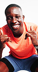 Hands, fitness and portrait of black man in studio with confidence for exercise, training and workout. Happy, athlete and person with shaka sign for wellness, emoji and health on white background