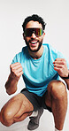 Fitness, fashion and man with sunglasses, excited and confident with cyberpunk aesthetic and studio. White background, happy and person with shield eyewear, athlete and futuristic Y2K athleisure