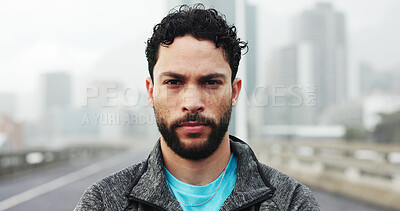 Buy stock photo Serious, fitness and portrait of man in city with confidence for exercise, training and workout. Runner, athlete and person in urban town for marathon, challenge and running for health outdoor