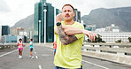 Man, fitness and stretching with arms for workout preparation or outdoor exercise in city. Active, male person or getting ready with body warm up for flexibility, physical activity or training