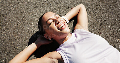 Buy stock photo Relax, fitness and above of woman in road for rest, recovery and tired for exercise, workout and training. Sports, outdoor and person with fatigue in town for health, wellness and break for cardio