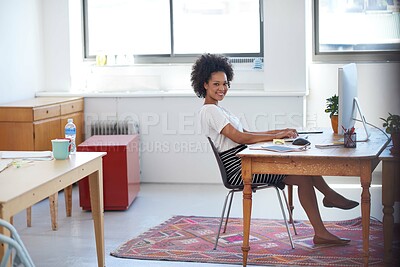 Buy stock photo African woman, portrait or smile in modern office on computer for project development or startup company. Happy web designer, confident or proud person with technology in creative agency or business