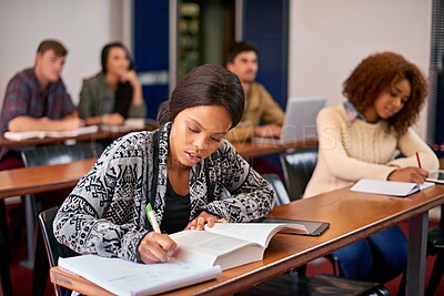 Buy stock photo College, studying and girl with writing in classroom for education, scholarship and development. Campus, paper and student with textbook at academy for future, learning and knowledge in university