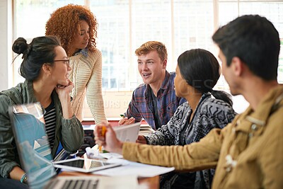 Buy stock photo Classroom, students and group work in university for answer, information and education. College, learners and discussion on campus for brainstorming, project and learning in collaboration together