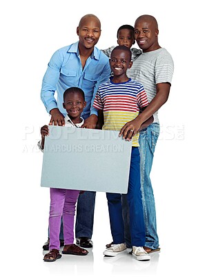 Buy stock photo African, gay parents and happy children in studio portrait with poster mockup for LGBTQ education or learning. Man, family and kids for fathers day presentation, love and adoption on white background