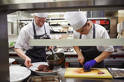 Buy stock photo Professional, chef and cooking staff with food, restaurant an gourmet meal prep and serving. Together, catering and culinary skills for service, nutrition and working in hospitality industry