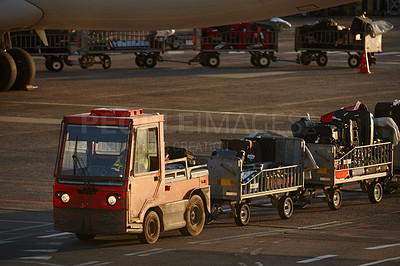 Buy stock photo Airport, tarmac and truck with luggage for airplane for global transport, travel and international trip. Commercial flight, departure and person in vehicle for loading baggage, suitcase and boarding