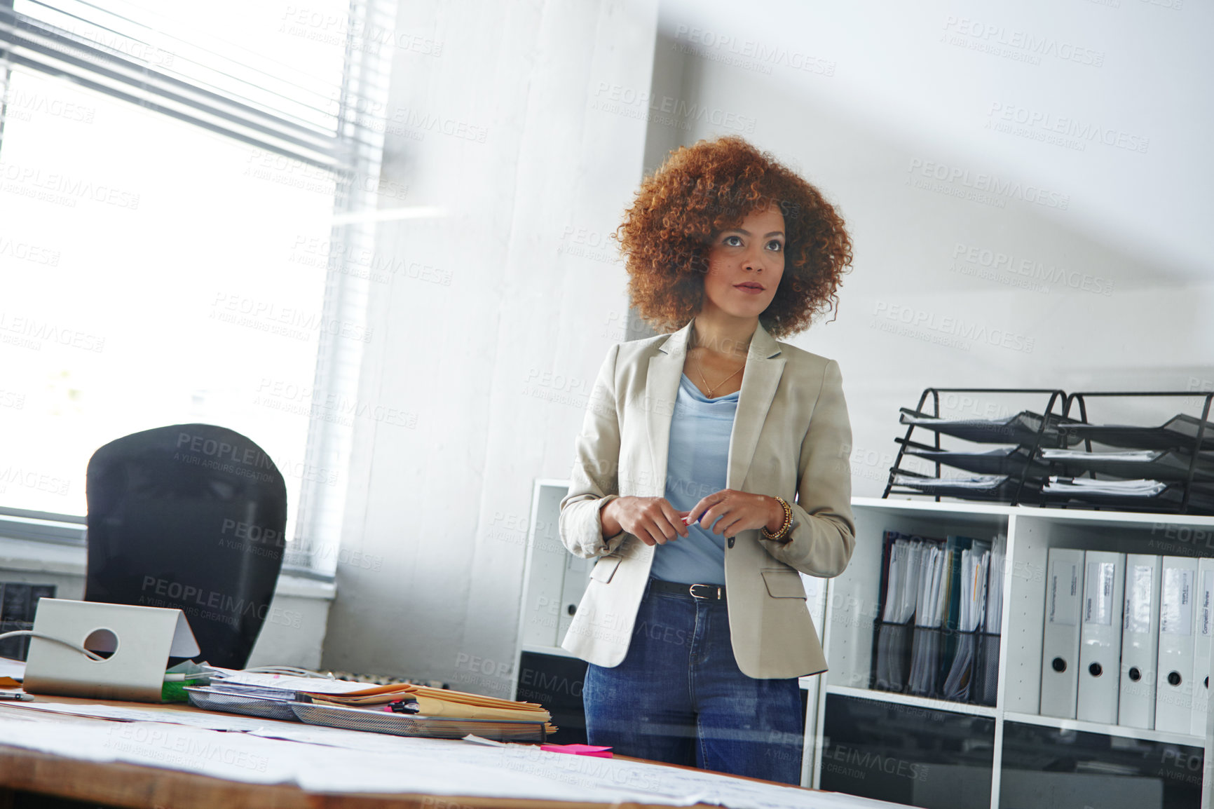 Buy stock photo Vision, thinking and business woman in office for planning, problem solving or accounting idea. Thoughts, person and accountant in workplace with financial insight, serious mindset and decision