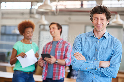 Buy stock photo Portrait, arms crossed or businessman with employees in creative agency, professional or confident. Branding, leader or design manager in meeting for project management, smile or about us in startup