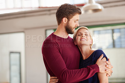 Buy stock photo Happy, couple and support in startup, hug and excited for funding opportunity, partnership or space. Small business, entrepreneurs and people with smile for loan approval, romance and collaboration