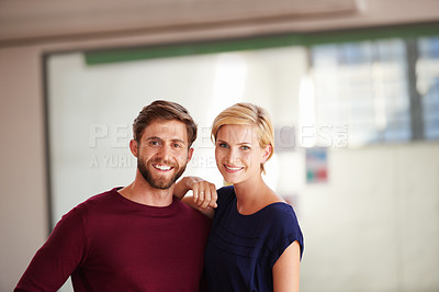 Buy stock photo Portrait, couple and pride in startup, hug or partnership for funding opportunity, space and support. Small business, entrepreneurs and people with smile for loan approval, confident and embrace