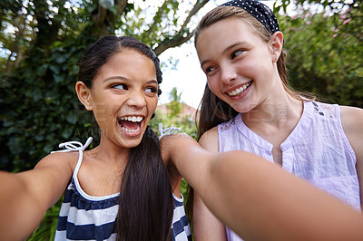 Buy stock photo Happy girl, children and friends with selfie in nature for bonding, outdoor fun or weekend. Teenagers, smile or kids with picture for photography, capture moment or social media in backyard or garden