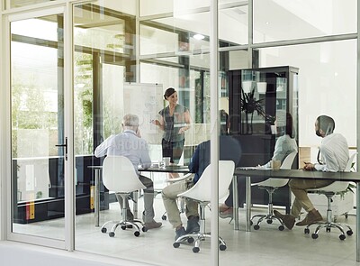 Buy stock photo Presentation charts, businesswoman or speaker by board for teaching, growth or skill development in meeting. Graphs, workshop or leader talking in mentorship, training or coaching for learning advice