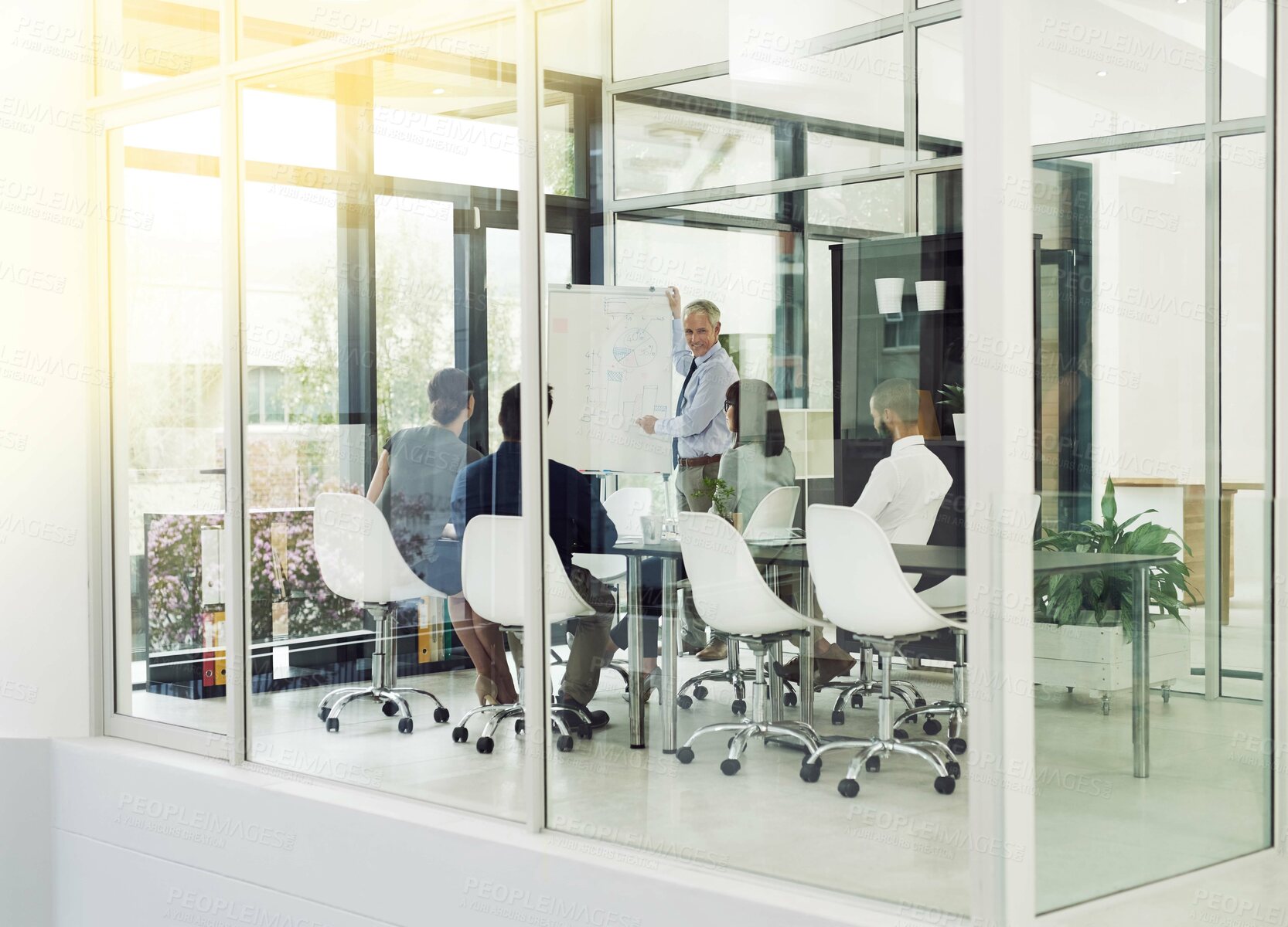 Buy stock photo Business presentation, mature or man by board for talking, advice tips or skill development in meeting. Education, workshop or leader teaching in mentorship, staff training or coaching for learning 