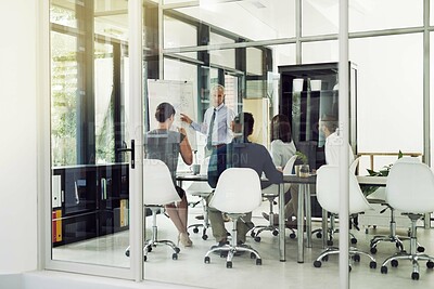 Buy stock photo Business presentation, mature or man by board for people, advice tips or skill development in meeting. Talking, workshop or leader teaching in mentorship, staff training or coaching for learning