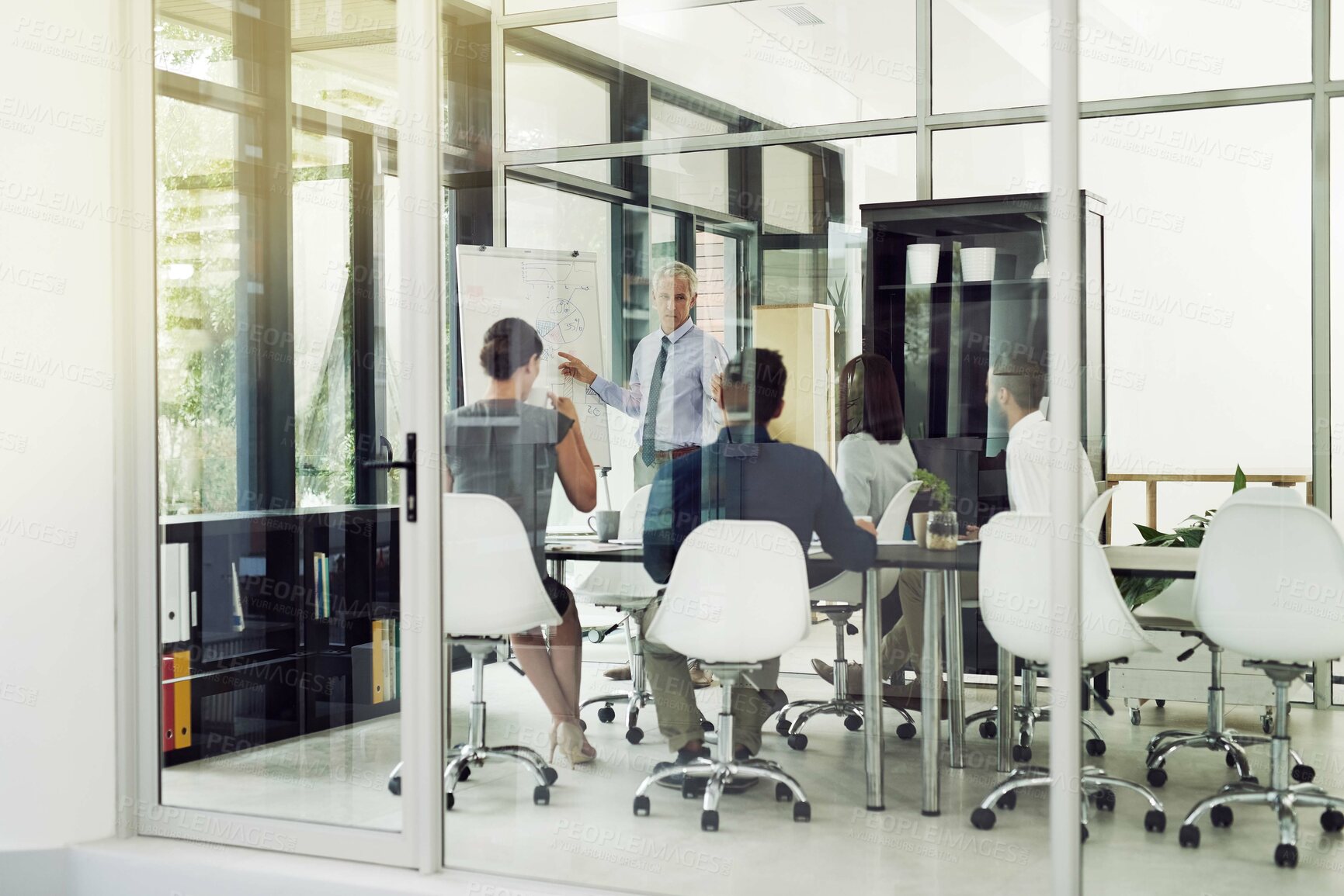 Buy stock photo Business presentation, mature or man by board for people, advice tips or skill development in meeting. Talking, workshop or leader teaching in mentorship, staff training or coaching for learning