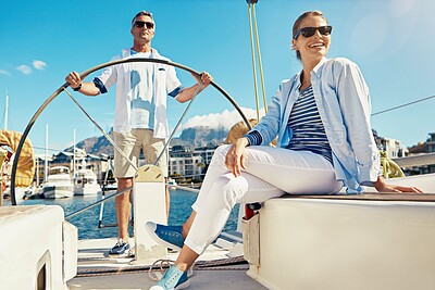 Buy stock photo Sea, mature and happy couple on boat for view, vacation or holiday with love or adventure in Greece. Smile, thinking and people on yacht in ocean to relax for tropical honeymoon travel or anniversary
