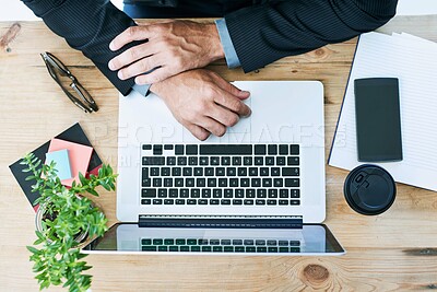Buy stock photo Top view, hands and business with man, laptop and keyboard with internet and connection. Online reading, computer and employee with pc and desk with planning and schedule with research for project