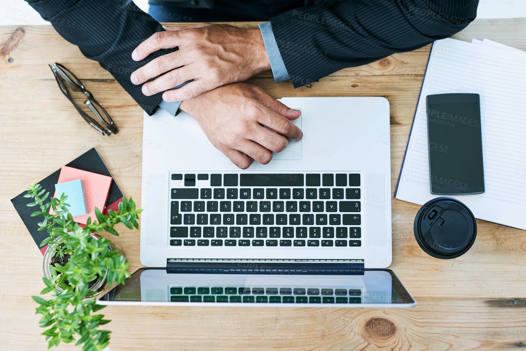 Buy stock photo Top view, hands and business with man, laptop and keyboard with internet and connection. Online reading, computer and employee with pc and desk with planning and schedule with research for project